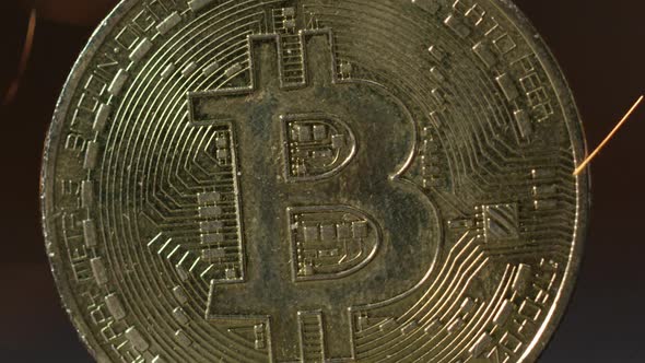 Cryptocurrency on the block chain - close up of bitcoin altcoin physical coins in dynamic setting alt