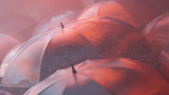 Countless people walking in the rain protected by black umbrellas. 4KHD alt