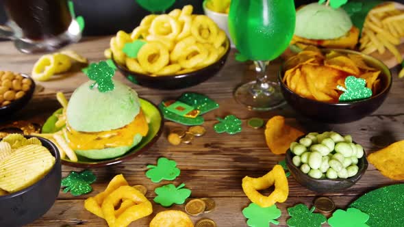 St Patrick`s holiday party food and beer background alt