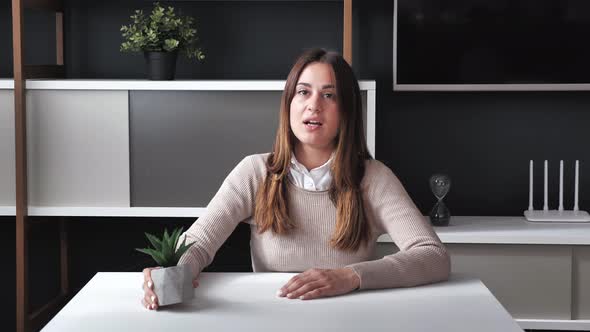 Confident Young Business Woman Speak Look at Camera Lady Talk to Webcam Make Video Conference Call alt