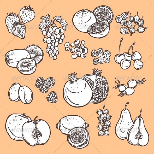 Fruits and Berries Sketch Icons