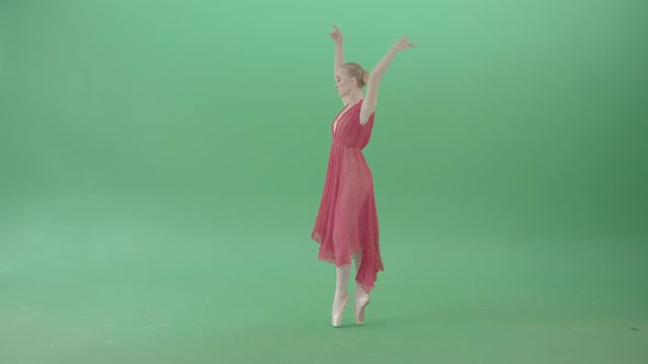 Blonde Girl In Red Dress Dancing Classical Ballet On Green Screen 4 K Video Footage alt