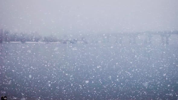 Cityscape in snowfall, river. huge snowflakes. alt
