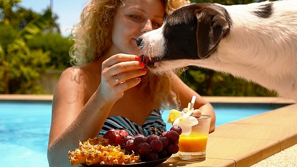 Curly Woman and Cute Funny Dog alt