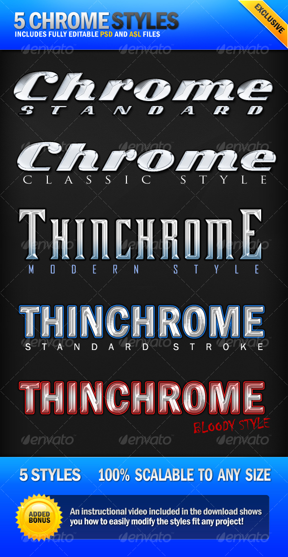Chrome - 5 Clean Metallic Photoshop Styles - Text Effects Styles