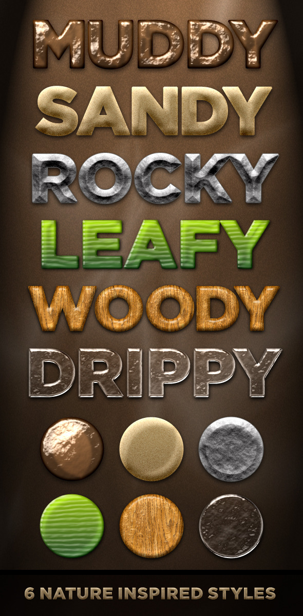6 Nature Styles - Dirt, Stone, Wood, Plant, Water - Text Effects Styles