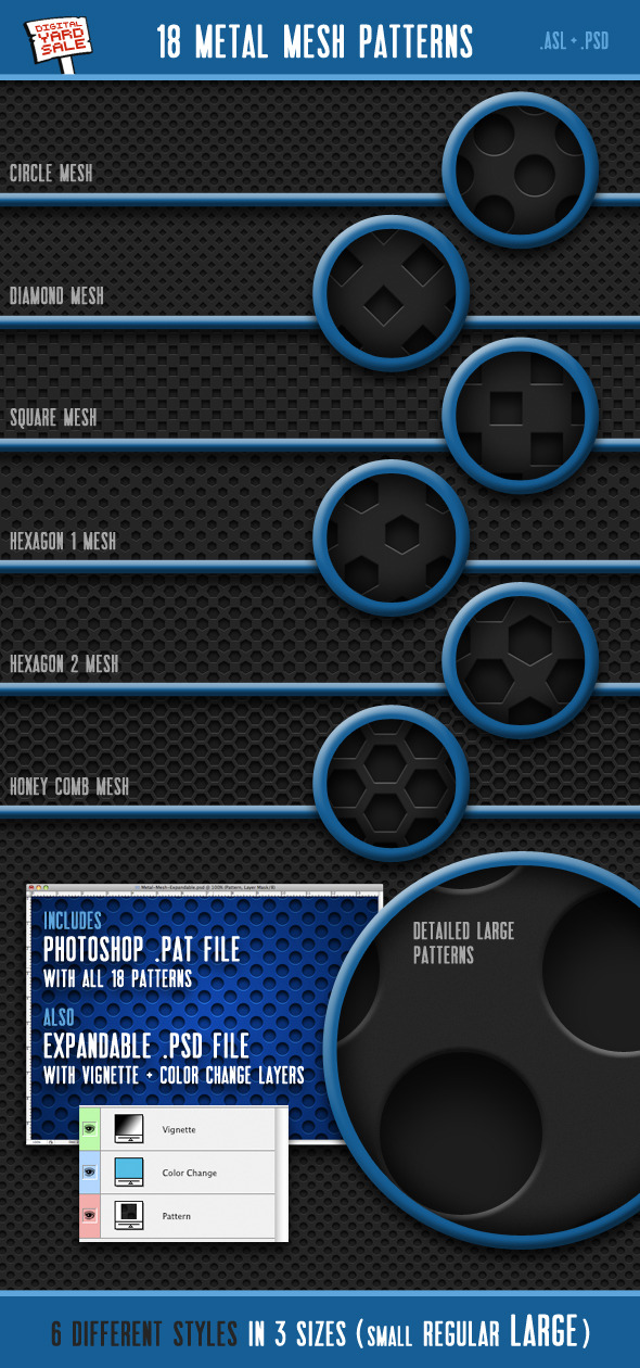18 Seamless Metal Mesh Photoshop Patterns - Techno / Futuristic Textures / Fills / Patterns