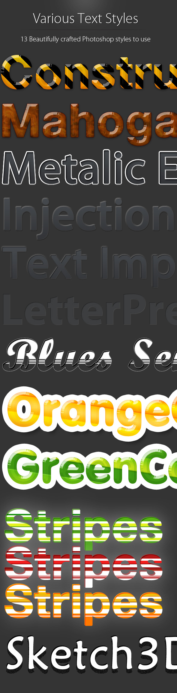 13 Various Photoshop Styles for use with Text - Photoshop Add-ons