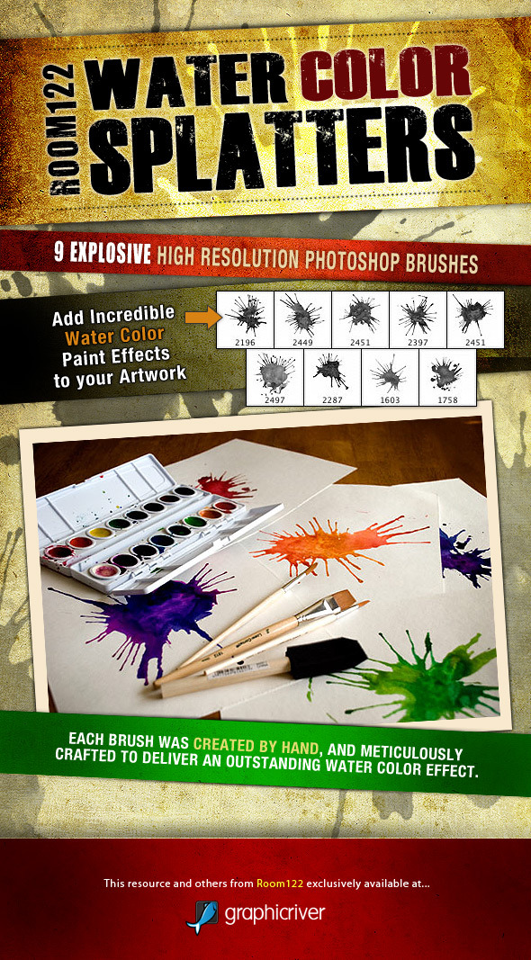 Water Color Splatters - Photoshop Brush Set - Artistic Brushes