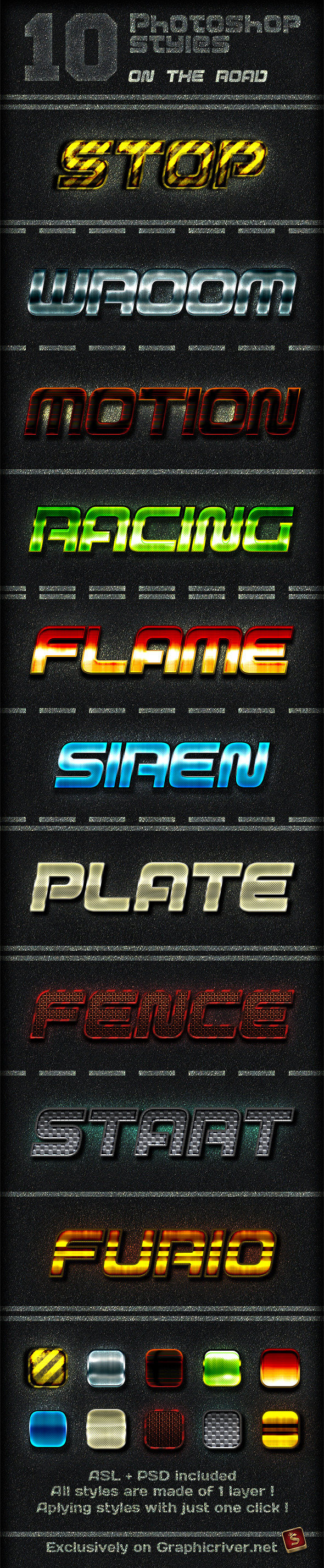 10 Photoshop Layer Styles - On The Road - Text Effects Styles