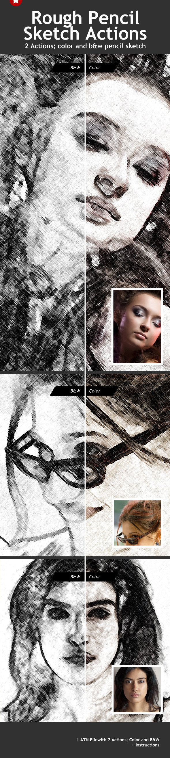 Roughh Pencil Sketch Action - Color & B&W - Photo Effects Actions