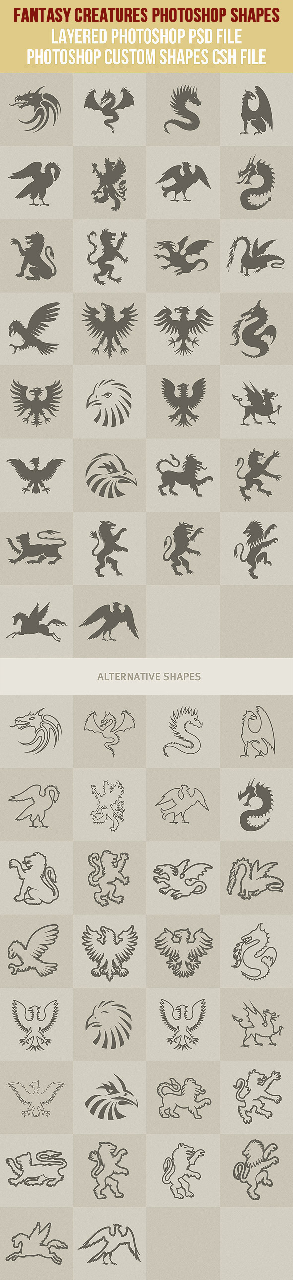 Fantasy Creatures Photoshop Shapes - Animals Shapes