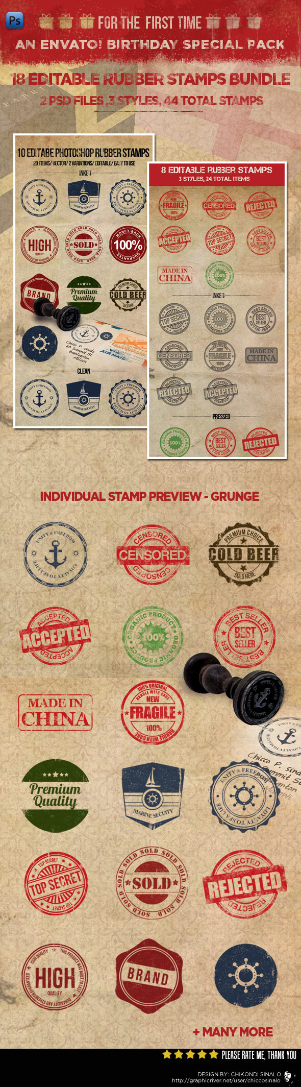 18 Editable Rubber Stamps Bundle - Photoshop Add-ons