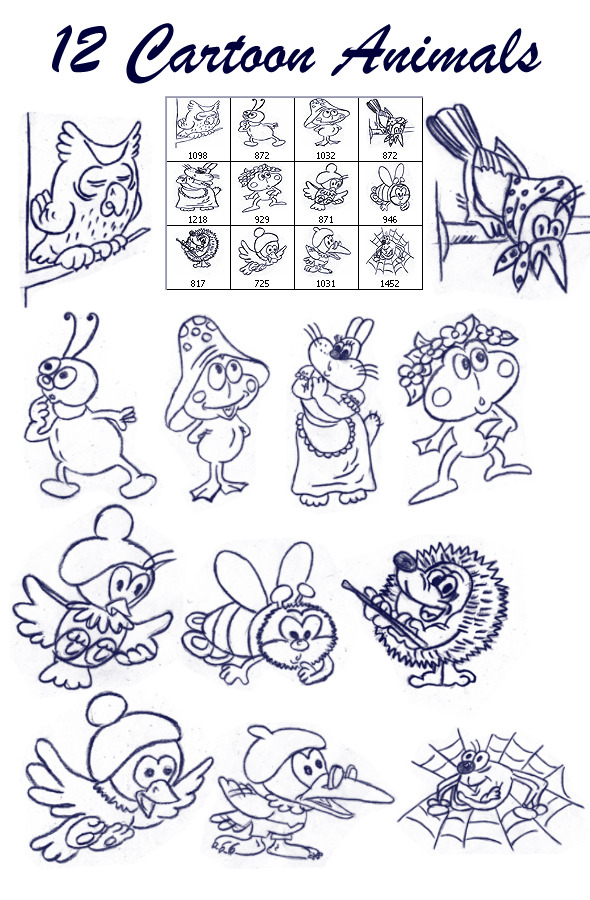 12 Cartoon Animals (Hand-drawing) - Brushes Photoshop