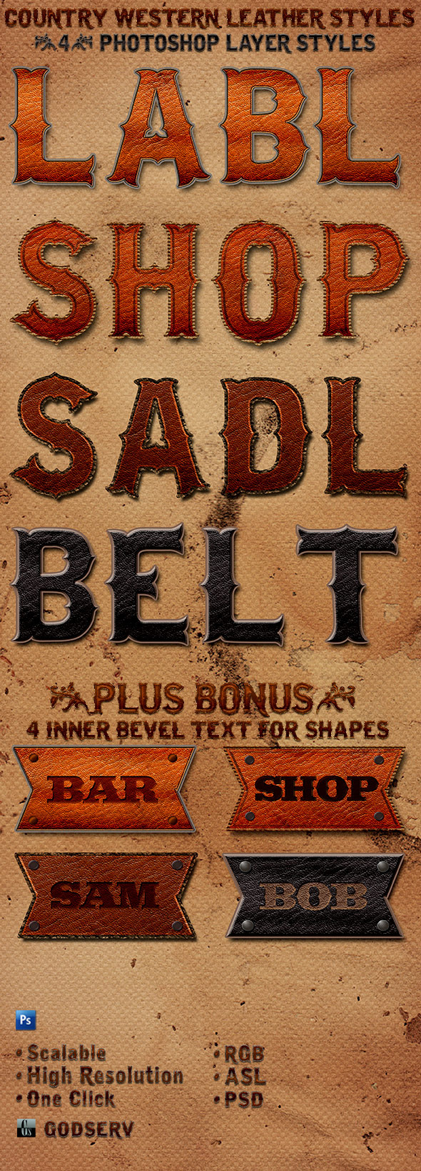 Country Western Leather Photoshop Layer Styles - Text Effects Styles