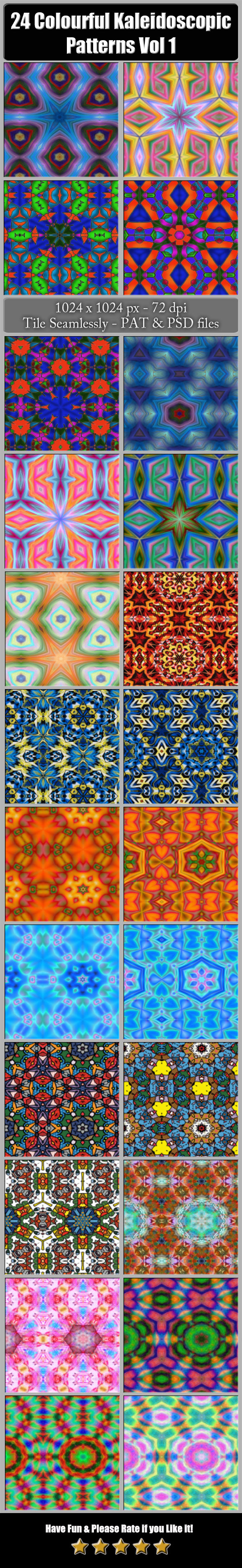 24 Colourful Kaleidoscopic Patterns Vol. 1 - Artistic Textures / Fills / Patterns