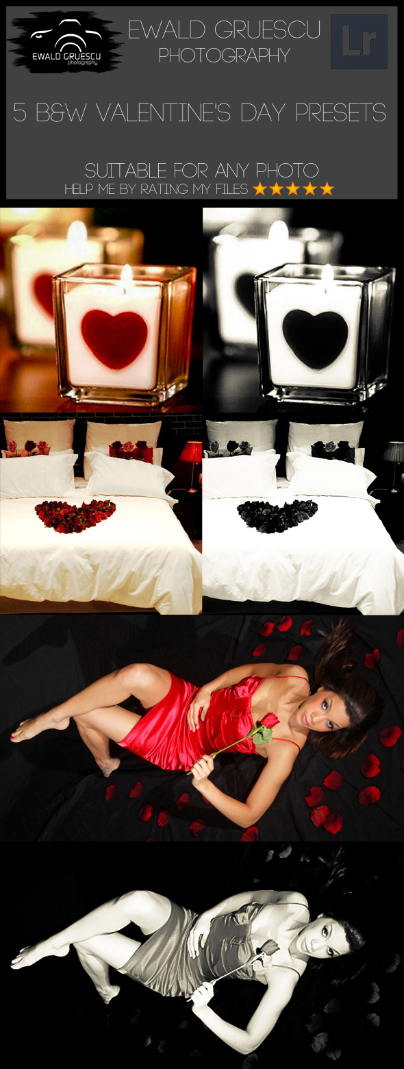 5 B&W Light with Dark Valentine's Day LR Presets - Black and white Lightroom Presets