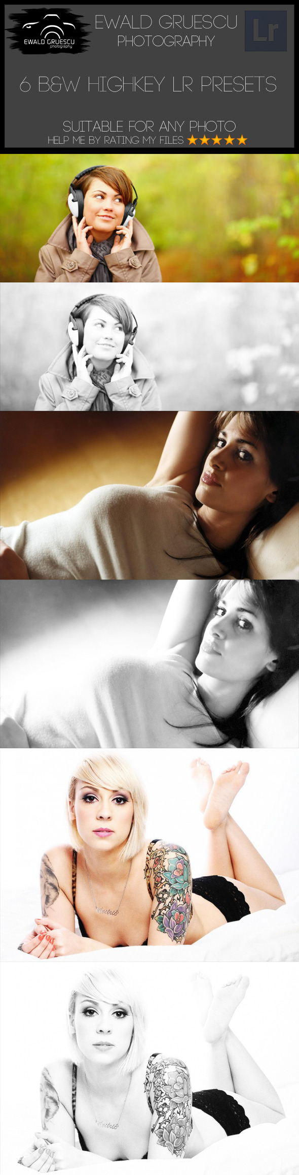 6 B&W Highkey Lightroom Presets - Portrait Lightroom Presets
