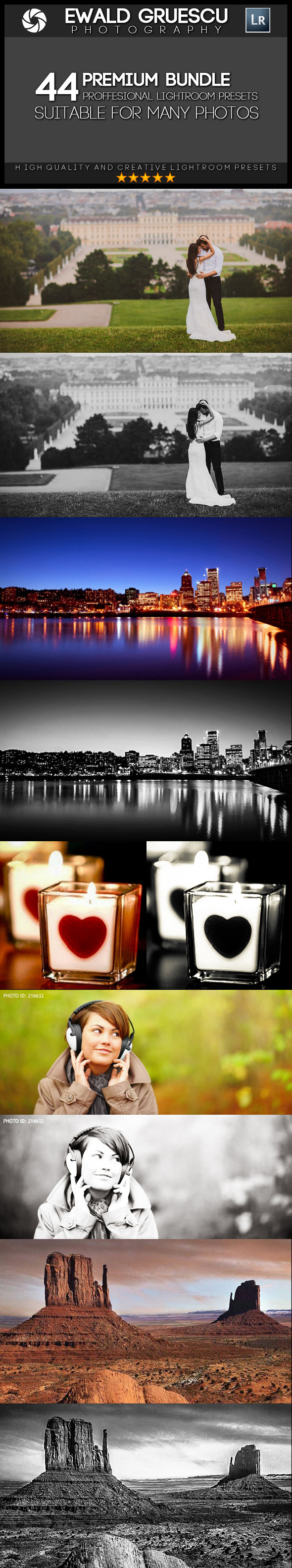 44 Premium Pro B&W LR Presets BUNDLE - Black and white Lightroom Presets