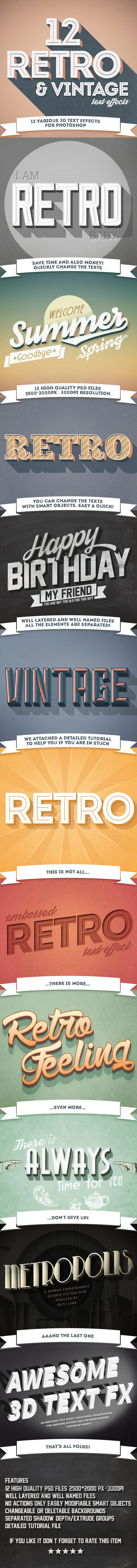 12 Various 3D Retro & Vintage Text Effects for Photoshop - Photoshop Add-ons