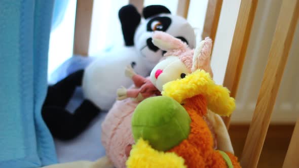 Plush Toys in a Wooden Baby Cot
