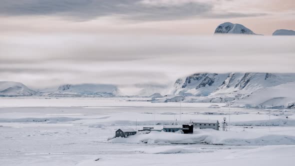 Timelapse Vernadsky Antarctic Station at White Snow Ice Landscape on Island alt