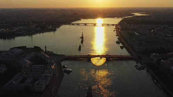 Aerial Morning Urban Landscape with Warships in the Waters of the Neva River Before the Holiday of alt
