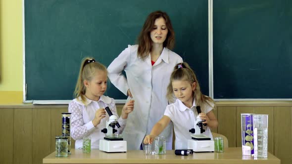 Group Of Pupils With Teacher Using Microscopes In Science Class. Back to school and home schooling.