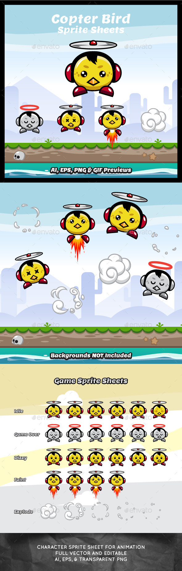 Copter Bird Game Character Sprite Sheets - Sprites Game Assets
