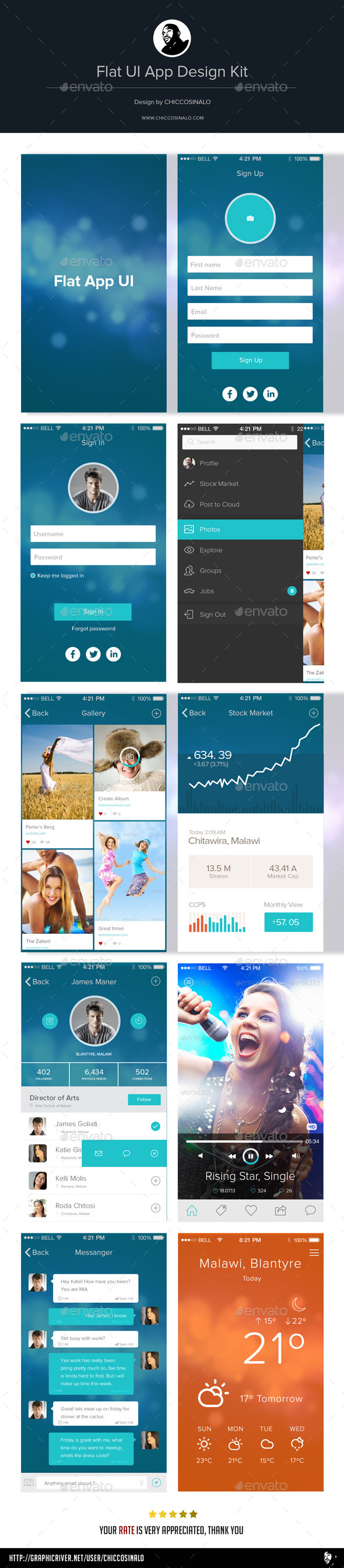 Flat App UI Design Kit - User Interfaces Web Elements