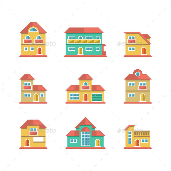 Set Flat Icons of Houses and Buildings - Buildings Objects