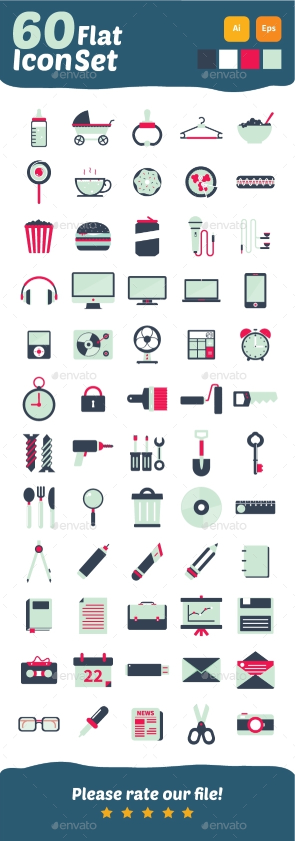 60 Flat Icons Design - Objects Icons