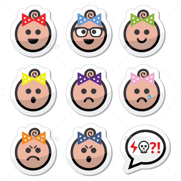 Baby Girl Faces, Avatar Vector Icons Set - People Characters