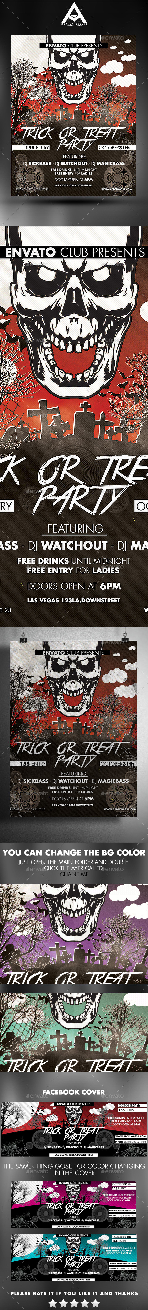 Trick Or Treat Party Flyer And Facebook Cover - Events Flyers