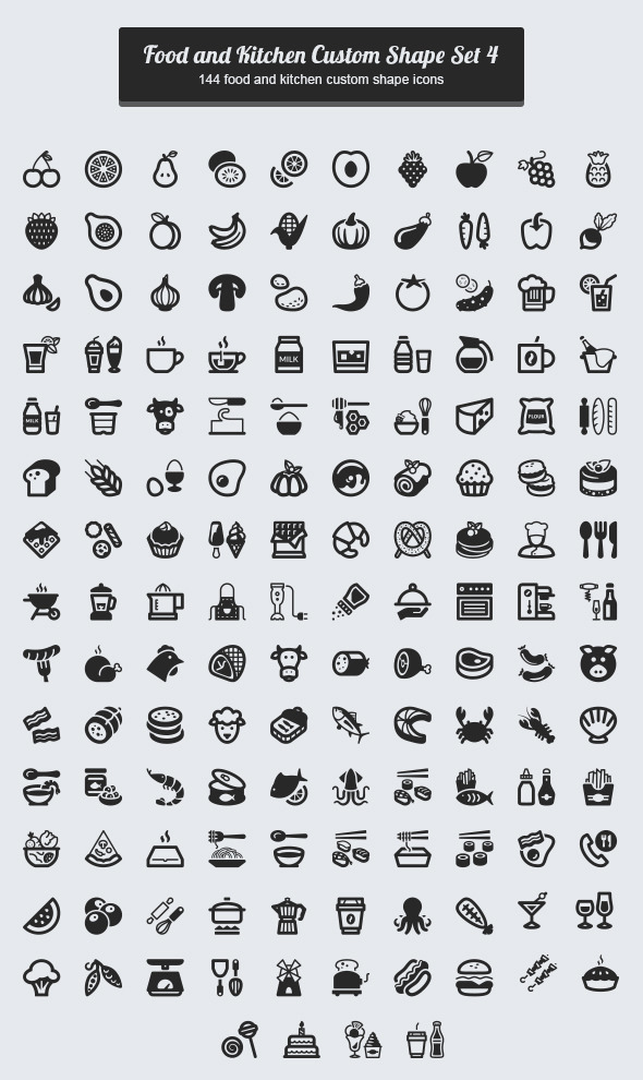 144 Food and Kitchen Custom Shape / Set 4 - Shapes Photoshop