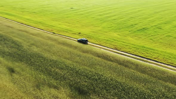 Aerial View Of Car SUV In Motion Moving On Countryside Road Through Summer Green Fields.