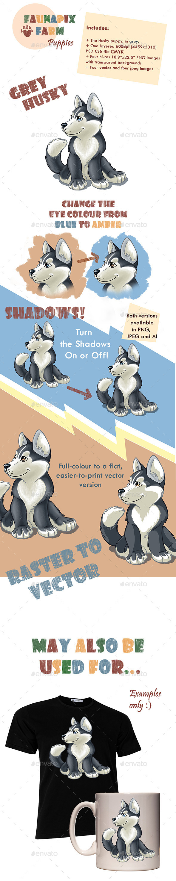 Grey Husky Pup Illustration - Animals Illustrations