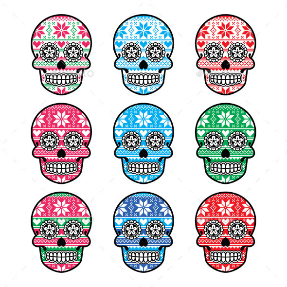 Mexican Sugar Skull with Winter Nordic Pattern - Patterns Decorative