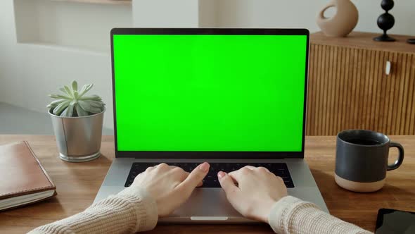 Female Hands Typing on Laptop Keyboard with Green Screen alt
