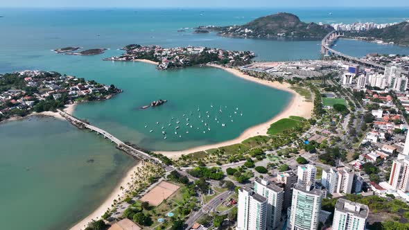 Aerial cityscape of downtown Vitoria state of Espirito Santo Brazil. Bulldings and avenues landmark alt