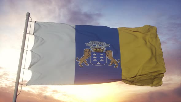 Canary Islands Flag Spain Waving in the Wind Sky and Sun Background alt