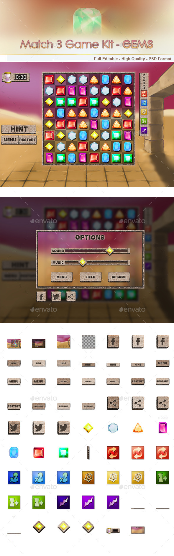Match 3 Game Kit - Gems - User Interfaces Game Assets