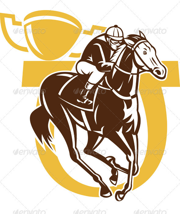Jockey Riding Horse Racing With Champion Trophy