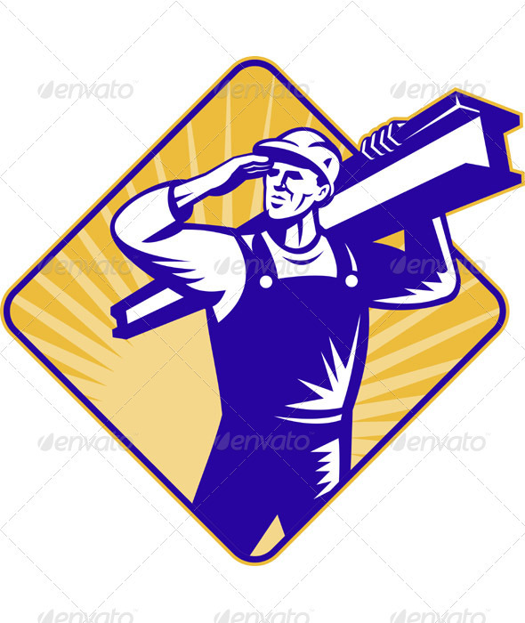 Construction Worker Saluting Carrying I-Beam - Industries Business