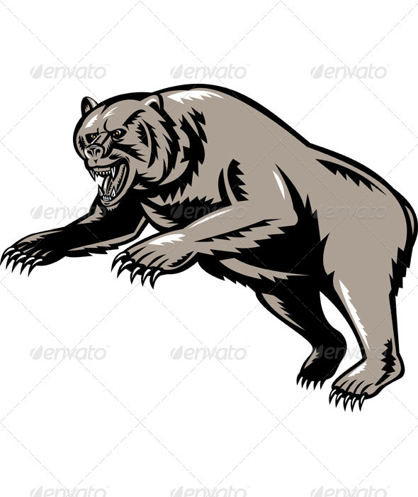 Grizzly Bear Attacking Woodcut Style