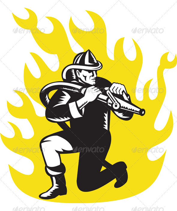Fireman Firefighter Holding Aiming Fire Hose