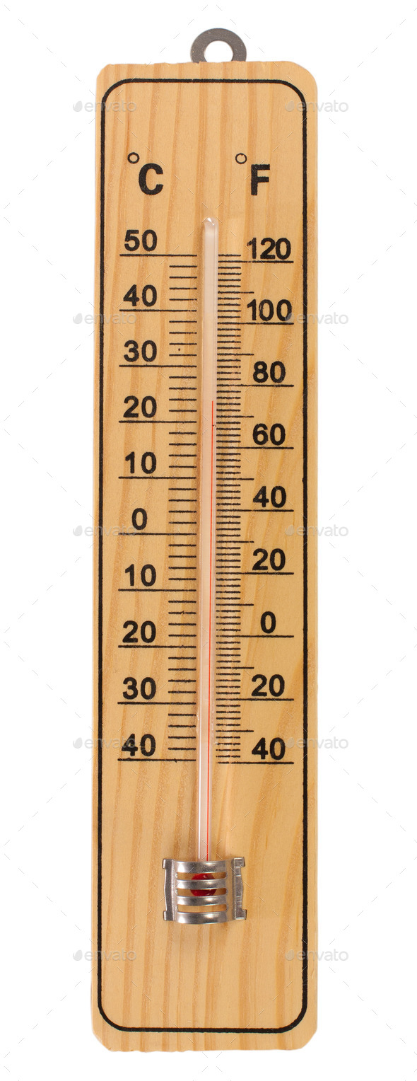 wooden celsius fahrenheit thermometer over white, Stock image