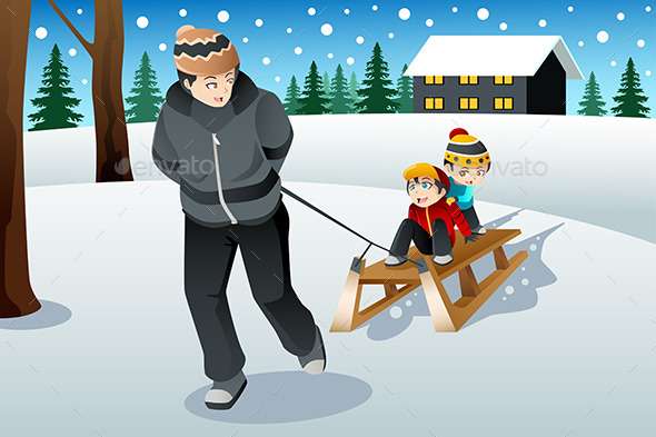 Father Pulling His Sons Riding on a Sled - Sports/Activity Conceptual