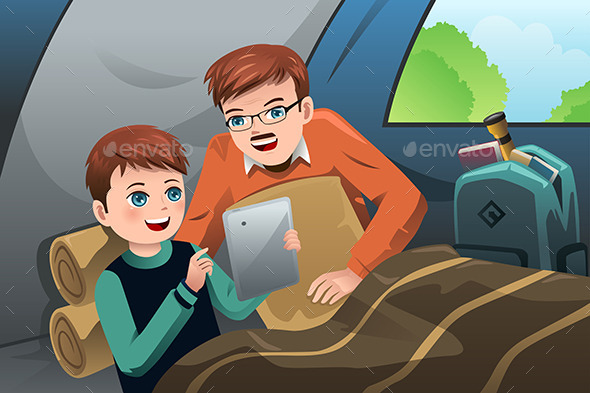 Father and Son Reading a Tablet PC - People Characters