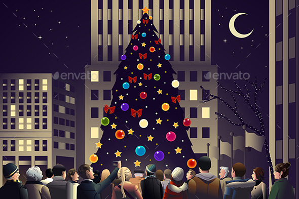Crowd in the City Near Big Lit Christmas Tree - Christmas Seasons/Holidays